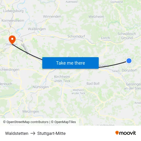 Waldstetten to Stuttgart-Mitte map
