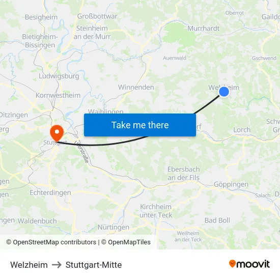 Welzheim to Stuttgart-Mitte map