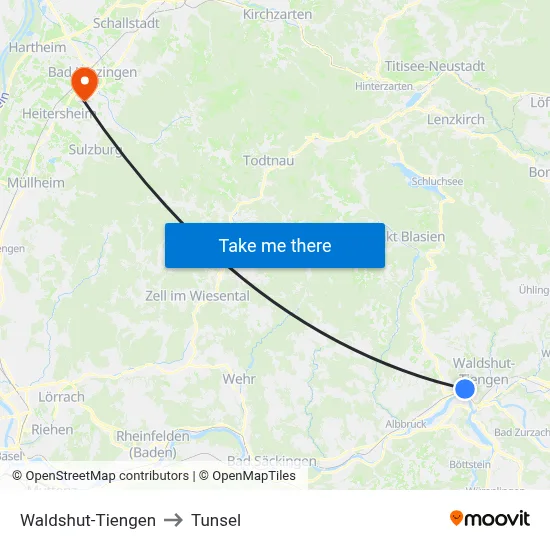 Waldshut-Tiengen to Tunsel map