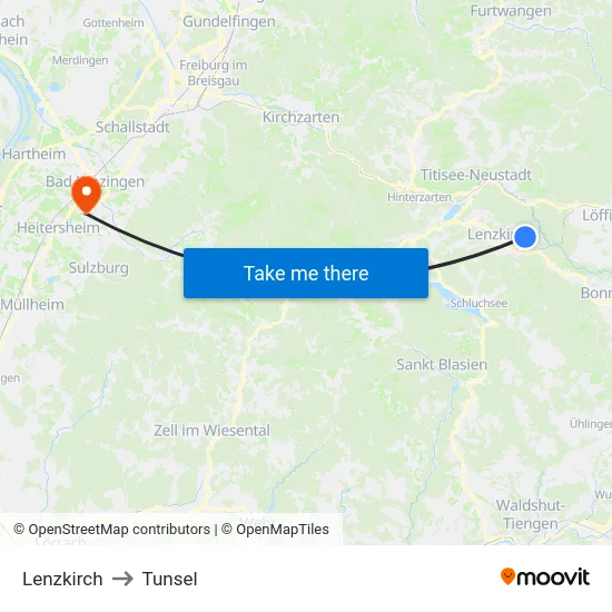 Lenzkirch to Tunsel map