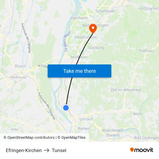 Efringen-Kirchen to Tunsel map