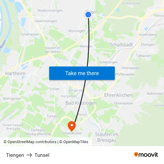 Tiengen to Tunsel map