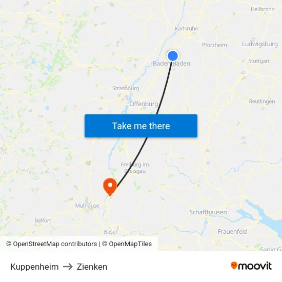 Kuppenheim to Zienken map