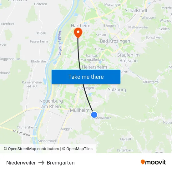 Niederweiler to Bremgarten map