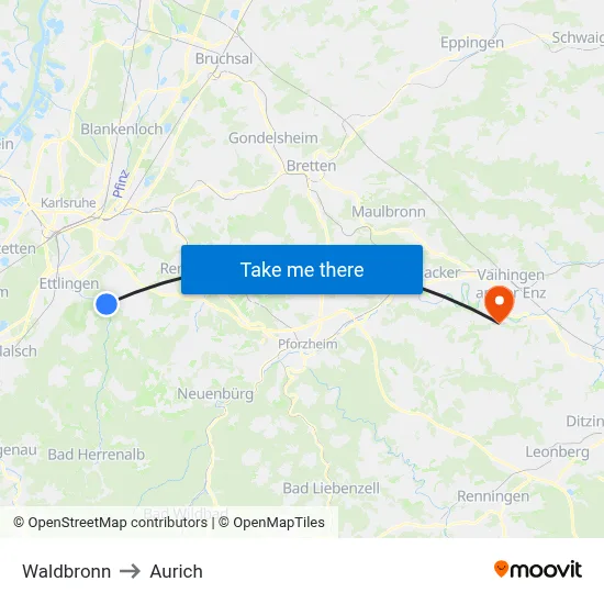 Waldbronn to Aurich map