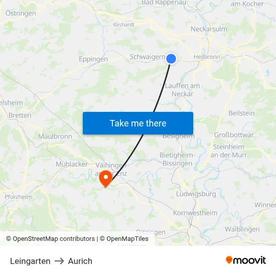 Leingarten to Aurich map