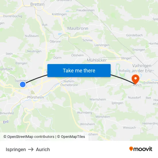 Ispringen to Aurich map