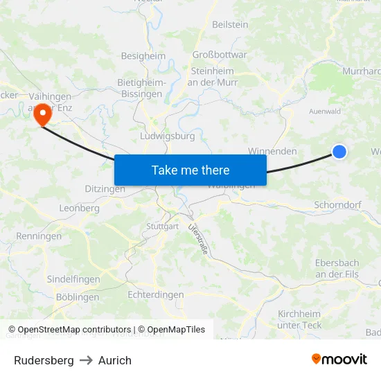Rudersberg to Aurich map