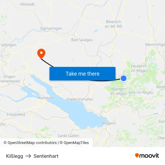 Kißlegg to Sentenhart map