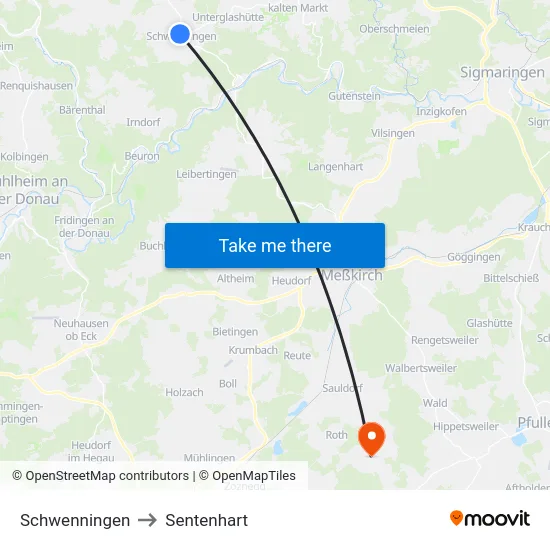 Schwenningen to Sentenhart map