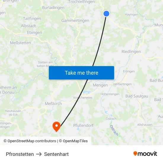 Pfronstetten to Sentenhart map