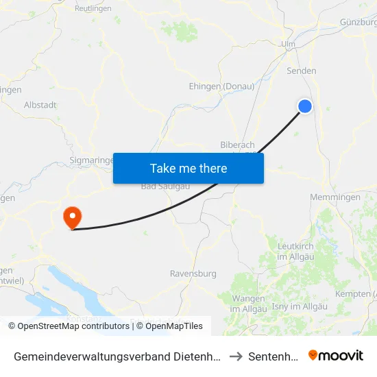 Gemeindeverwaltungsverband Dietenheim to Sentenhart map