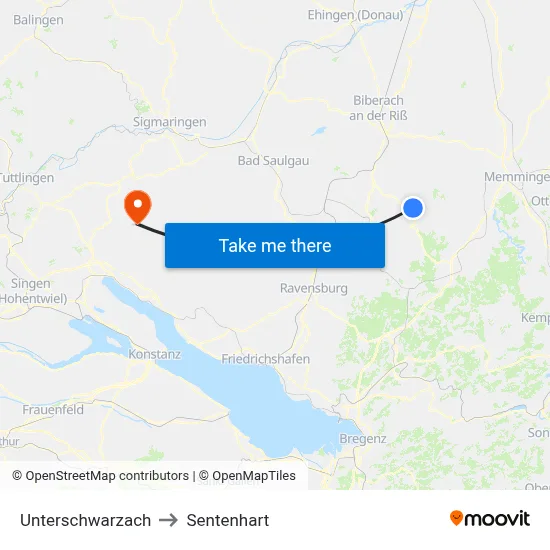 Unterschwarzach to Sentenhart map