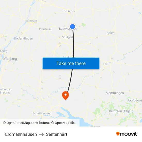 Erdmannhausen to Sentenhart map