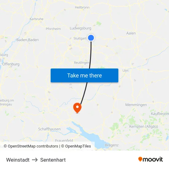 Weinstadt to Sentenhart map