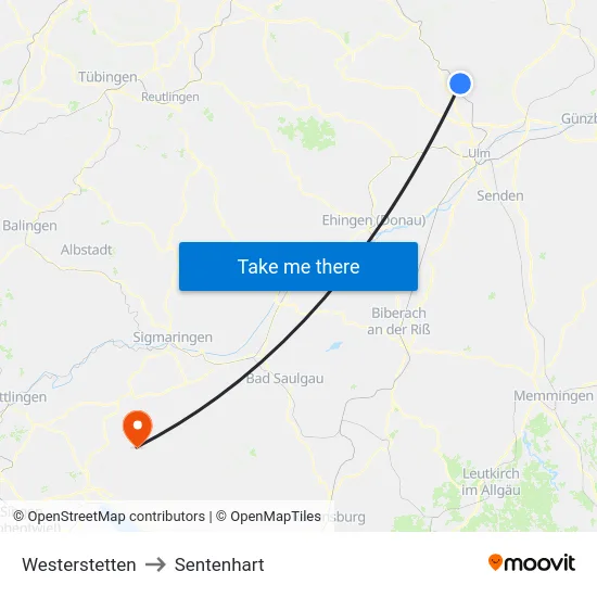 Westerstetten to Sentenhart map
