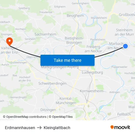 Erdmannhausen to Kleinglattbach map
