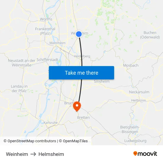 Weinheim to Helmsheim map