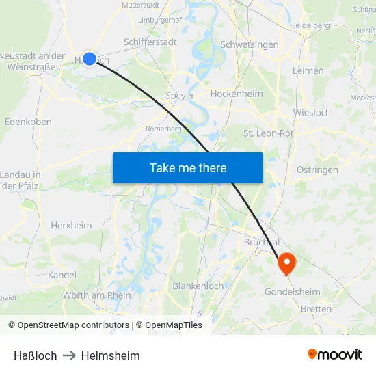 Haßloch to Helmsheim map