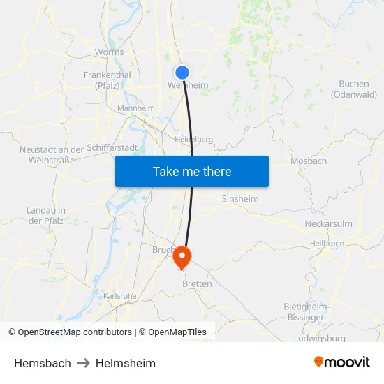 Hemsbach to Helmsheim map