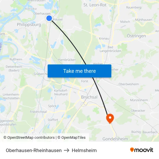 Oberhausen-Rheinhausen to Helmsheim map