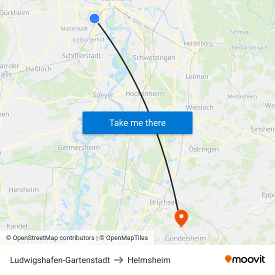 Ludwigshafen-Gartenstadt to Helmsheim map