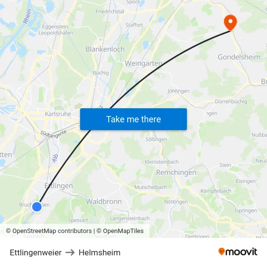 Ettlingenweier to Helmsheim map