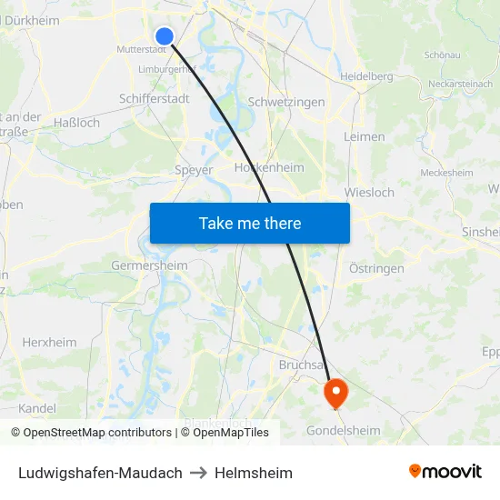 Ludwigshafen-Maudach to Helmsheim map