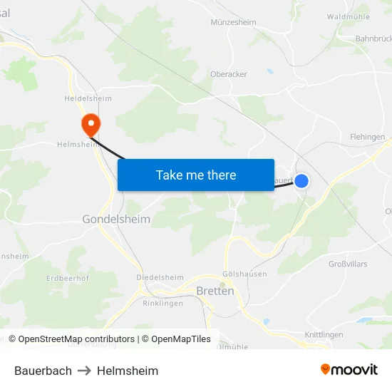 Bauerbach to Helmsheim map