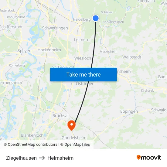 Ziegelhausen to Helmsheim map