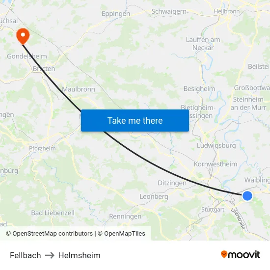 Fellbach to Helmsheim map