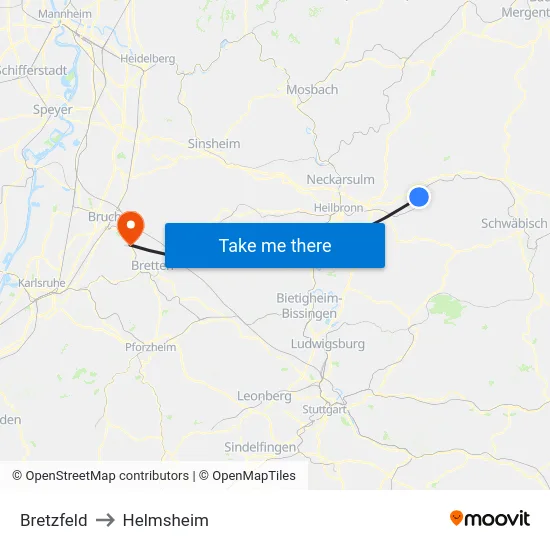 Bretzfeld to Helmsheim map