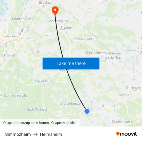 Simmozheim to Helmsheim map