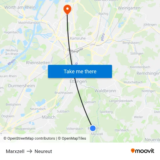 Marxzell to Neureut map