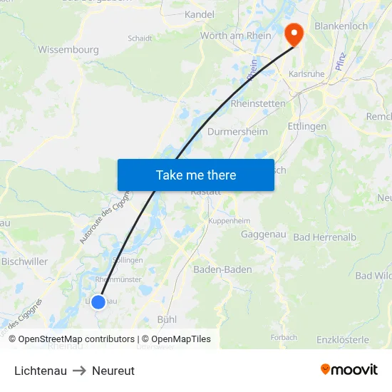 Lichtenau to Neureut map