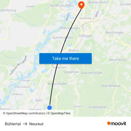 Bühlertal to Neureut map
