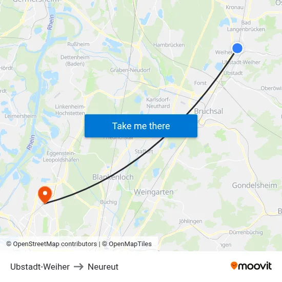 Ubstadt-Weiher to Neureut map