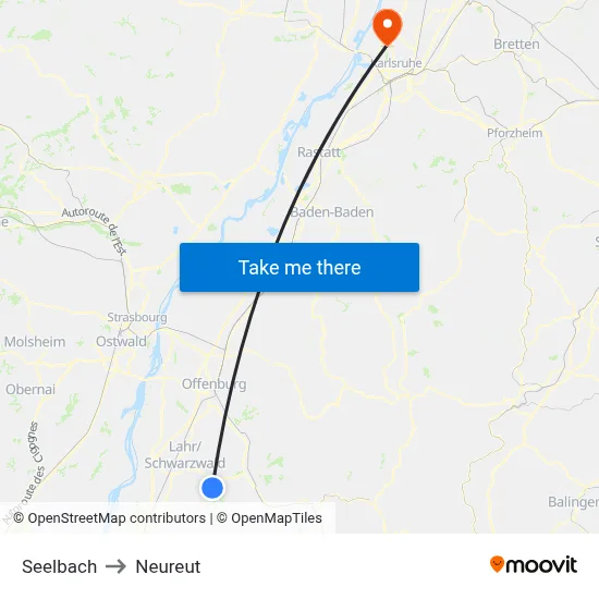 Seelbach to Neureut map