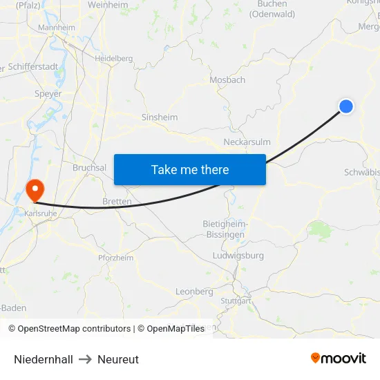 Niedernhall to Neureut map