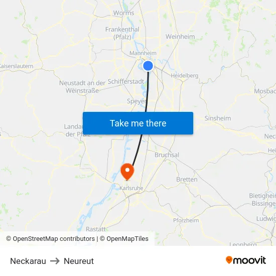 Neckarau to Neureut map