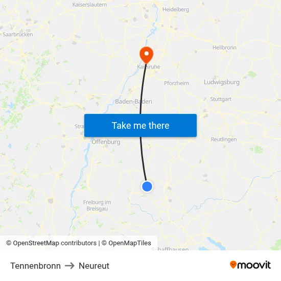 Tennenbronn to Neureut map