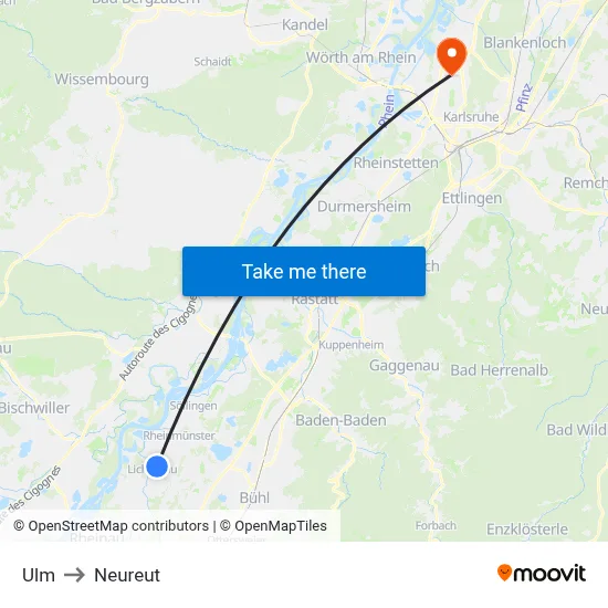 Ulm to Neureut map