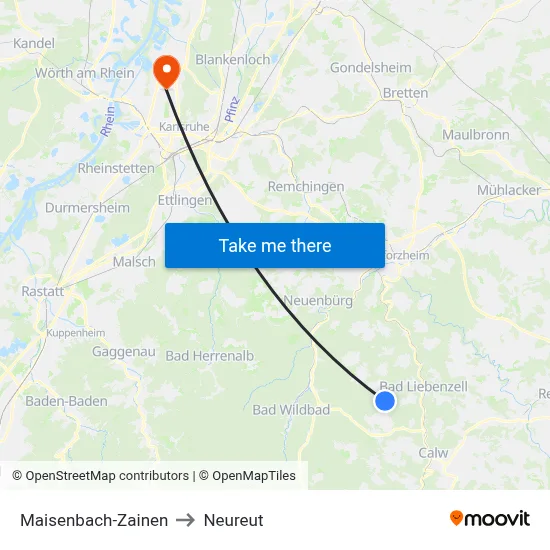 Maisenbach-Zainen to Neureut map