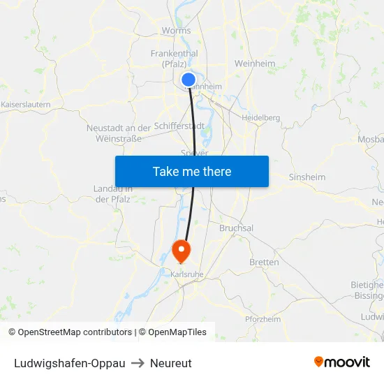 Ludwigshafen-Oppau to Neureut map