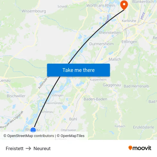 Freistett to Neureut map