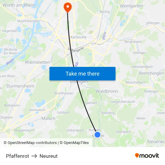 Pfaffenrot to Neureut map