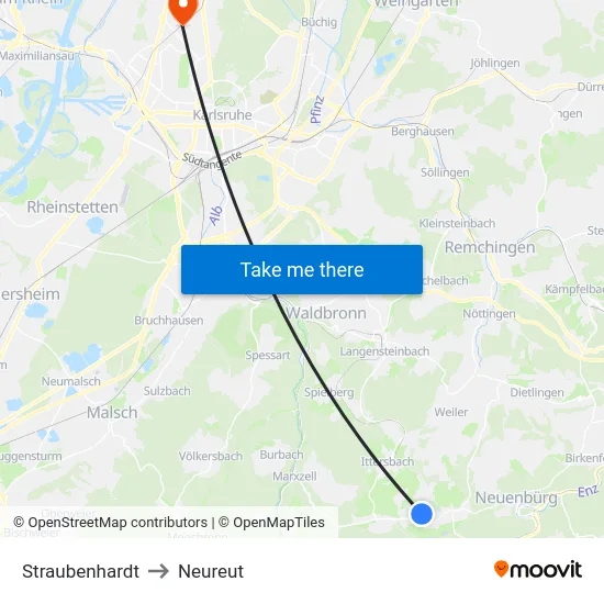 Straubenhardt to Neureut map