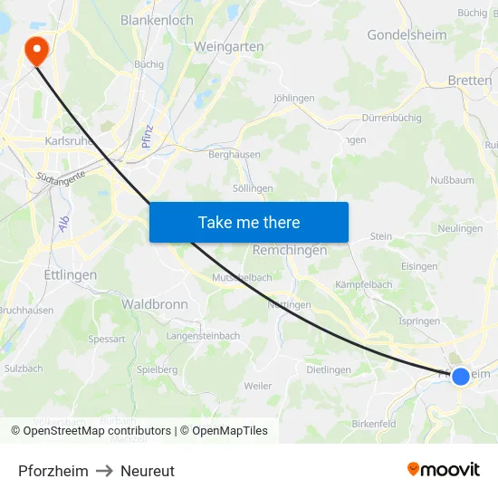 Pforzheim to Neureut map