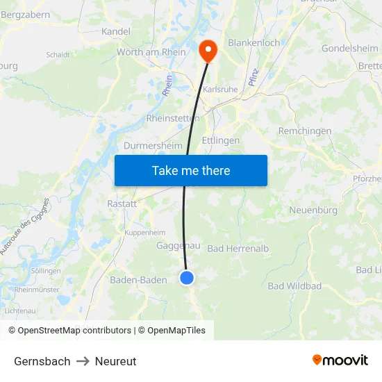 Gernsbach to Neureut map