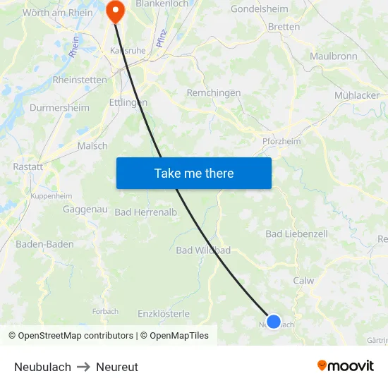 Neubulach to Neureut map